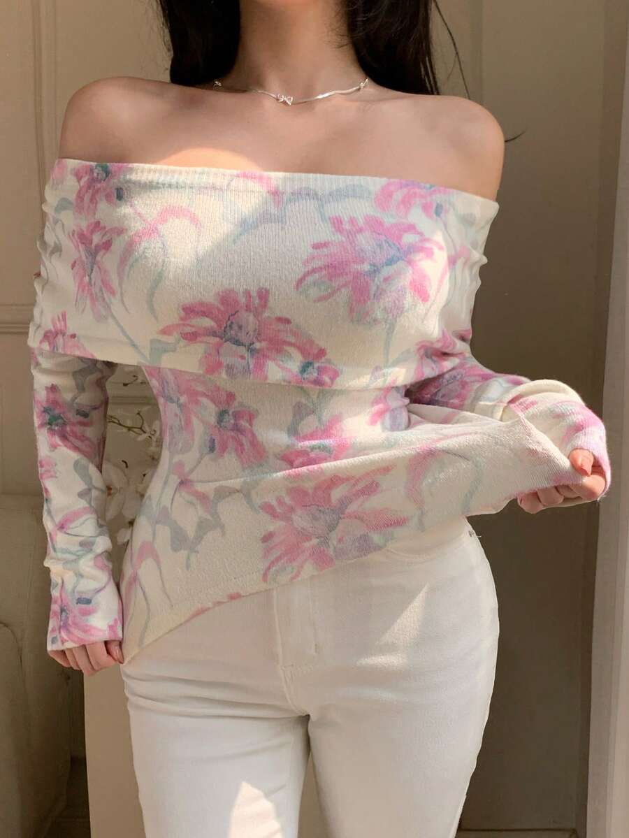 DAZY 女士优雅花卉针织毛衣，春夏款 - 白色 - 查看 1