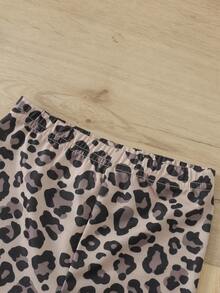 SHEIN Baby Girl Summer Casual Cartoon Print T-Shirt And Leopard Print Shorts Set - Multicolor - View 3