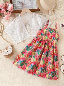 2pcs/Set Young Girl' Lily Flower Strap Dress & Lace Hollow Tassel Top Outfit - Multicolor - View 5