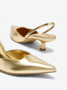 Eladyva Women Solid Color Leather Kitten Heel Shoes, Elegant Pointed Toe High Heels, Fashionable Ankle Strap Pumps, Formal Shoes For Party & Wedding - Gold - View 4