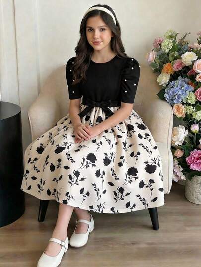 Tween Girls' Summer Floral Print Patchwork Bubble Sleeve Dress With Faux Pearl Waist Belt, Vacation Style