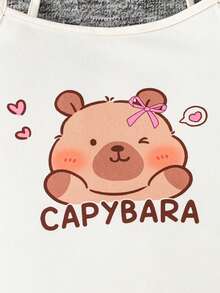 SHEIN 少女休闲针织吊带背心和短裤套装，日常家居服 - 杏色 - 查看 6