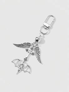 ROMWE 2款全新Y2K个性化复古朋克时尚暗黑哥特风银翼CCB圆珠爱心蝙蝠亮钻十字架卡通小猫蝴蝶结DIY钥匙扣包包吊坠，组合套装，适合姐妹和女友日常佩戴，节日礼物 - 銀色-1 - 查看 11