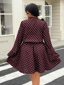 Calvaya Vestido de línea A con cinturón, puños con volantes y lazo, de manga larga con estampado de lunares, para mujer de talla grande. Elegante y romántico, ideal para citas, vacaciones, playa, negocios, té de la tarde, viajes, verano y primavera casual. - Marrón - Ver 2