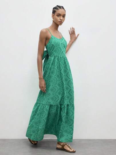 Maija 2026 Summmer Vacation  Women's Vacation Casual Solid Color Hollow Embroidery Lace-Up Backless Dress,Going Out Outfits,Casual Dresses For Women ,Vacation Outfits Women