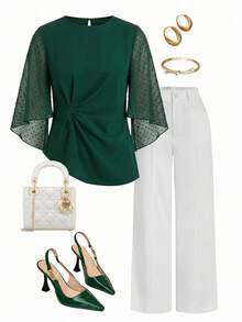Ellevyn Romantic Elegant Chiffon Sleeve Collared Blouse - Green - View 3