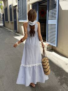 Serisse 女士度假条纹拼接流苏设计腰部褶皱连衣裙 - 藍白色 - 查看 2