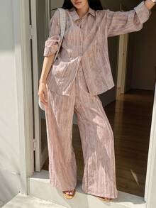 DAZY Women's Casual Cashew Print Drop Shoulder Long Sleeve Button-Up Shirt And Pants 2-Piece Set - Pink - View 4