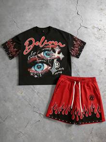 ROMWE MEN 男士宽松短袖T恤套装，饰有闪亮钻石印花 - 黑色 - 查看 1