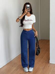 SHEIN Tall 春夏女士休闲日常时尚超弹力针织牛仔面料，交叉腰带设计，适合运动健身，V腰直筒牛仔裤 - 深色水洗藍 - 查看 5