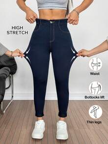 SHEIN PETITE Women's Casual Everyday Pockets Button Denim Jeans - Dark Wash - View 2