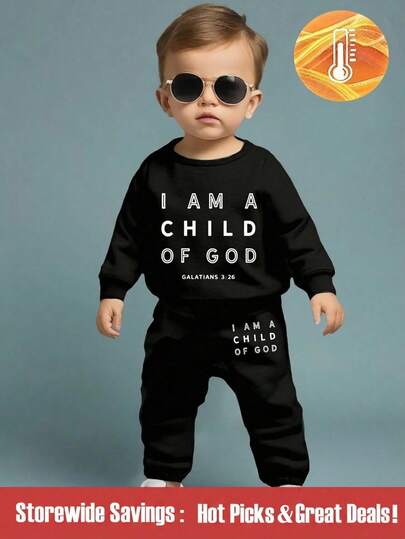 1 Set Baby Boy Casual Letter Print "I AM A CHILD OF GOD" Crew Neck Long Sleeve Fleece Sweatshirt And Pants Outfit, Suitable For Outings In Autumn/Winter