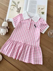 SHEIN 女嬰夏季 Polo 領短袖洋裝 粉色與白色格紋編織 甜美優雅公主裙 可愛活力 女嬰適用 - 粉色 - 查看 7