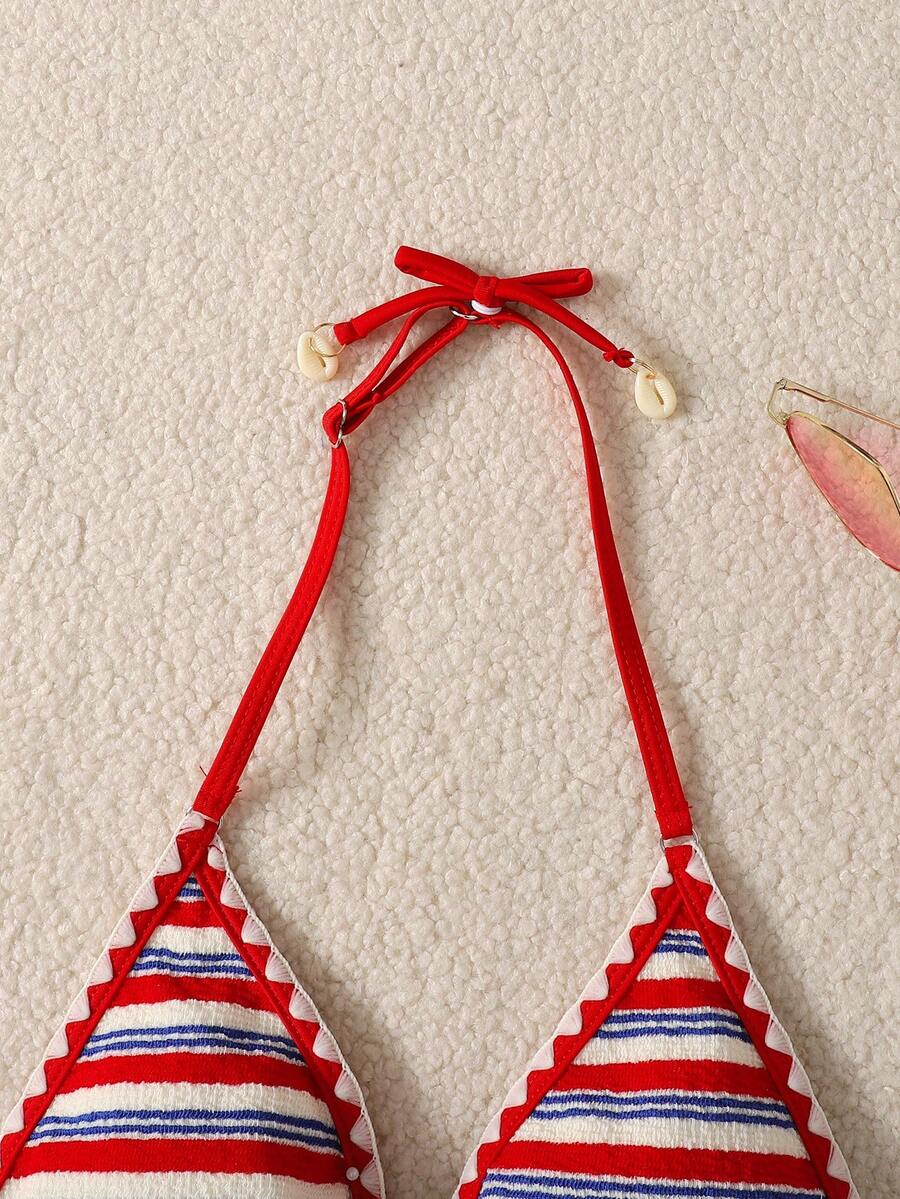 Set de 2 piezas Bikini de verano a rayas rojas con escote halter de moda para adolescentes, adecuado para vacaciones en la playa - Rojo - Ver 1