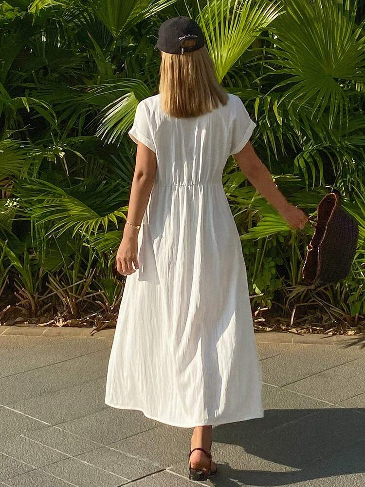 Women's Casual Vacation Style Solid Color Shirt Pocket White Mid-Length Dress Summer, Wedding Guest Dress Women Dress Sundress