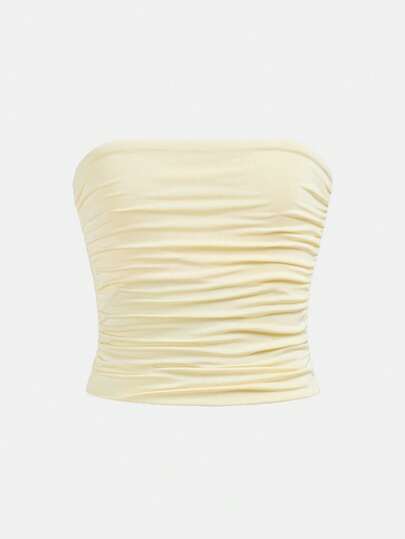 SHEIN Girlism Tween Girl Solid Color Ruched Casual Versatile Party & Daily Wear Tube Top