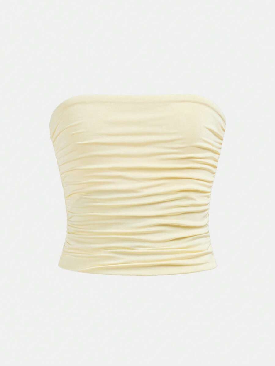 SHEIN Girlism Tween Girl Solid Color Ruched Casual Versatile Party & Daily Wear Tube Top - Mustard Yellow - View 1