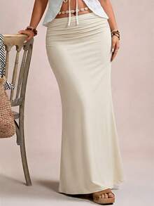 Freevana Plus Size Elegant Romantic Vintage A-Line Maxi Knit Skirt For Party And Gathering, Autumn/Winter - Apricot - View 5