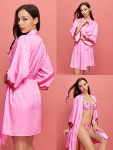 LUVLETTE 女士性感丝滑缎面奢华蕾丝边粉色系带透气家居睡袍睡衣情人节礼物 - 藕粉色 - 查看 3