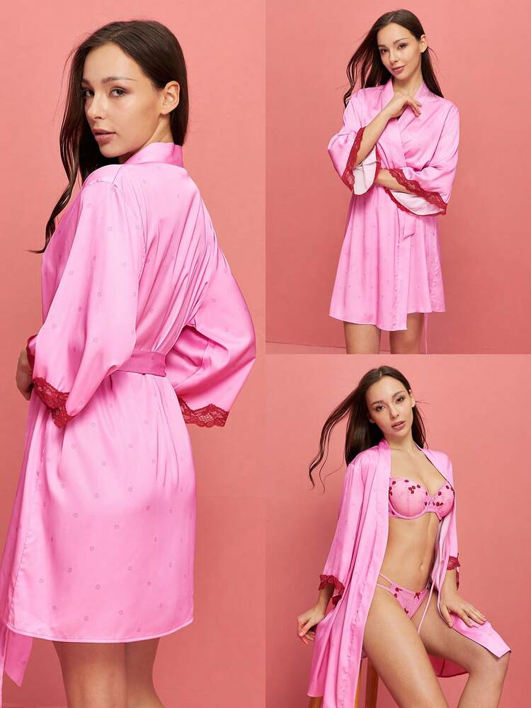 Roupão de Seda Luxuoso com Renda Sexy para Mulheres no Verão, Laço na Frente, Roupa de Dormir Arejada, Presente do Dia dos Namorados, Pijama, Itens de Casamento