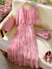 DAZY Đầm dự tiệc cưới màu hồng in hoa thanh lịch, kiểu dáng thắt eo, thích hợp cho kỳ nghỉ hè. - Hồng - Xem 1