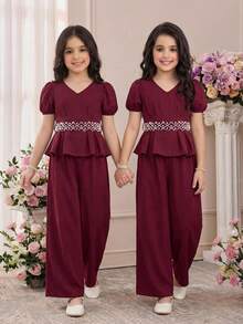 SHEIN Tween Girls' Elegant Beaded Puff Sleeve V-Neck Cinched Waist Blouse & Matching Solid Woven Pants Set, Burgundy, Spring/Summer - Burgundy - View 5