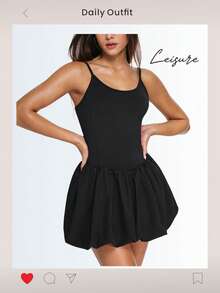 Eassivo Women's Black Ballet‑Style Sport Dress,Adjustable Straps, Ruched Skirt Overlay, Flirty Athletic Silhouette,Black Tennis Dress,Athletic Dress - Black - View 6