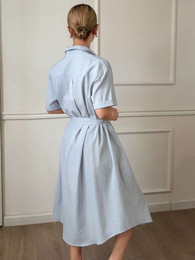 Elegant Minimalist Shirt Dress, Waist Cinched Mid-Length, For Women Home Wear, Spring/Summer