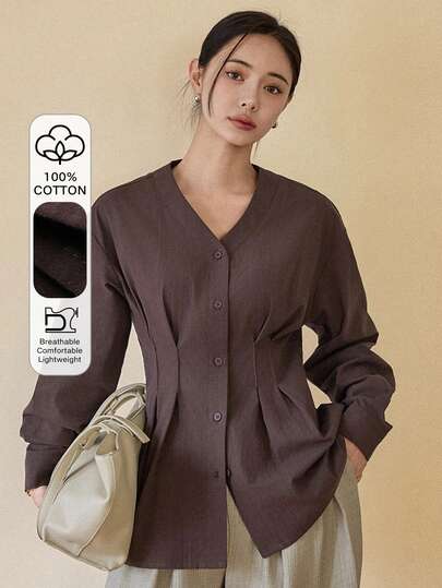 Dazy-Less Women's Solid Color V-Neck Long Sleeve Single-Breasted Pleated Shirt