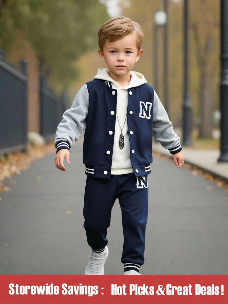 SHEIN Bộ đồ 2 món cho bé trai, áo len dệt kim màu đen có tay áo tương phản màu trắng và họa tiết chữ N lớn, kết hợp với quần nỉ in chữ cùng màu, viền bo ở cổ áo, cổ tay áo, gấu áo và mắt cá chân, cạp chun tạo sự thoải mái, phong cách thể thao thường ngày thích hợp mặc hàng ngày, đi học, du lịch vào mùa xuân/thu - Xanh đậm - Xem 1