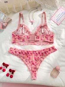 PetitDoll 2pcs Cherry Blossom Print Plus Size Lingerie Set, Semi-Sheer - Pink - View 2