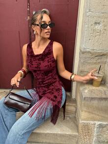 Siren Gaze 不对称流苏下摆垂领无袖上衣 - 黑色 - 查看 6