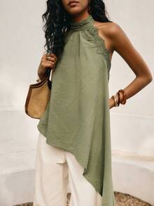 Poéselle Women's Solid Color Lace Patchwork Halter Backless Casual Tank Cotton Top, Halter Neck Top, Olive Green Tops, Sleeveless Top, Sage Green Tops - Army Green - View 5