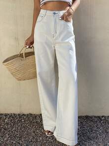 DAZY Women's Casual White Wide-Leg Jeans, Spring/Summer - Beige - View 4