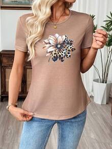 Silhoulove Women's Casual Vacation Rhinestone Leopard & Floral Print Short Sleeve T-Shirt, Suitable For Daily Commute - Khaki - View 5