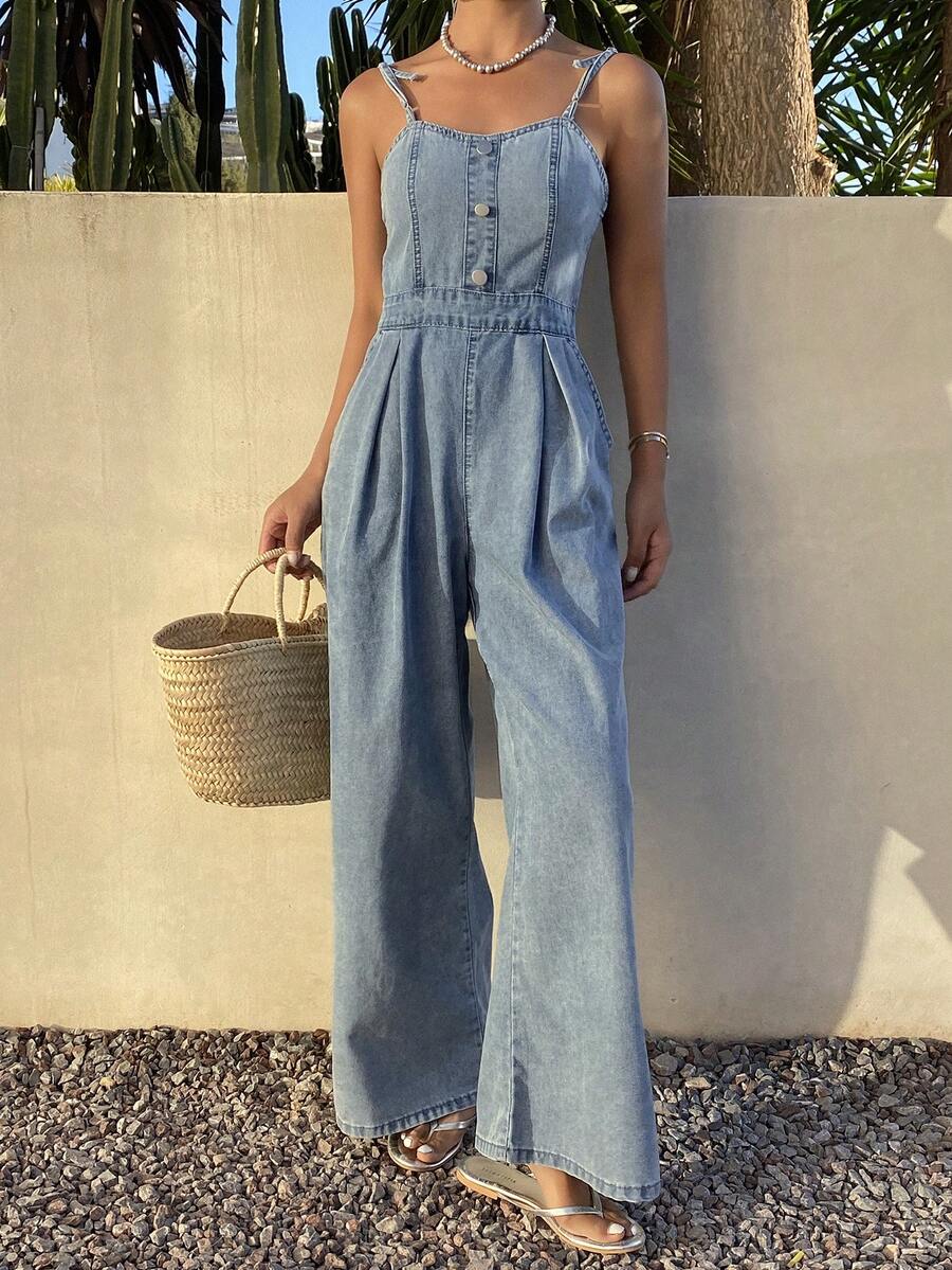 DAZY Women's Casual Washed Denim Jumpsuit With Wide Leg, Summer - Medium Wash - View 1