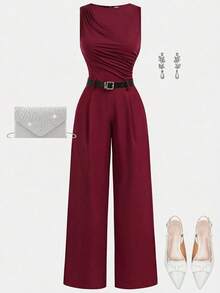 Girlism 少女连体衣和连身裤 海军蓝褶皱阔腿宽松连身裤配腰带，休闲风格 - 酒紅色 - 查看 3