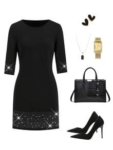 Ellevyn Women's Round Neck Rhinestone Embellished Waist Fitted Short Party Dress - Black - View 1