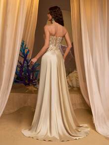 Glamrae 优雅奢华露肩无肩带珠绣束身胸衣奶油色缎面褶裥鱼尾裙摆礼服，适合节日、婚礼、晚宴、音乐会、商务活动和社交媒体达人活动。 - 卡其色 - 查看 3