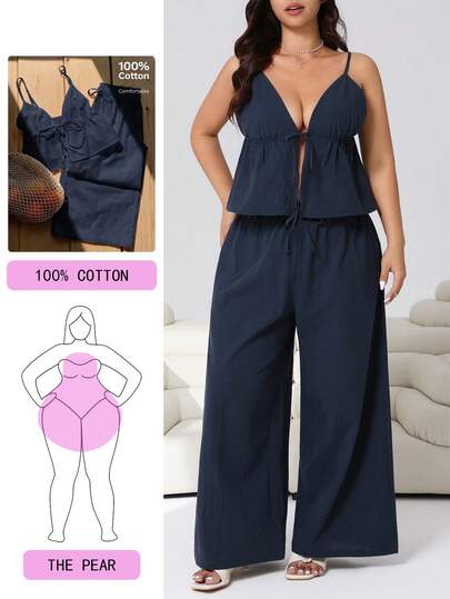 Solflare Conjunto de 2 piezas de camiseta de tirantes con nudo delantero y pantalones de pierna ancha de unicolor para mujer de talla grande, primavera/verano