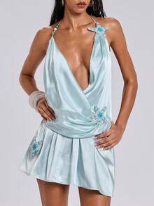 ROMWE Avant 串珠海星深V领露背迷你连衣裙，适合海滩度假 - 藍色 - 查看 1