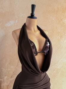 Soleia Đầm ngắn không tay cổ yếm màu trơn dành cho nữ, kiểu boho, xếp ly, khoét lỗ, phong cách bohemian, thích hợp cho kỳ nghỉ, mùa thu, vintage, lễ hội. - màu nâu - Xem 5