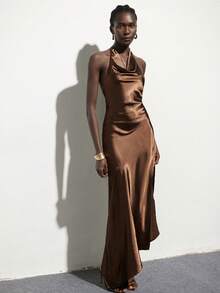 Aveloria Modichic Asymmetric Hem Satin Draped Neck Waist Cinched Women's Dress, Suitable For Parties, Birthdays, Galas, Dates, Casual Outings, And Important Occasions - Coffee Brown - View 1