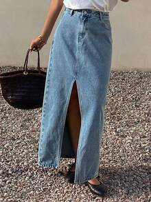 DAZY Women's Regular Waist Slit Skirt, Casual Elegant Denim A-Line Skirt - Medium Wash - View 4