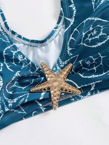 Swim Oasis Plus Size Retro Decorative Button Summer Beach Bikini Set - Blue - View 3