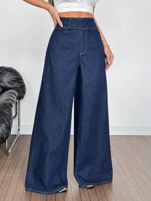 SHEIN Tall Women's Casual High Waist Wide Leg Washed Denim Jeans - Black - View 3