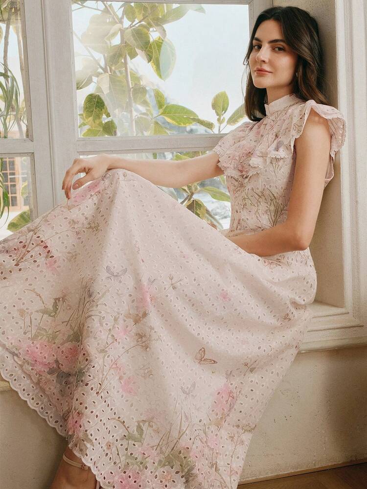 Women's New Elegant Niche Delicate Printed Hollow Ruffle Sleeve High Waist Mid-Length Dress, Spring/Summer French Style Dress Cottagecore Dress Pink Floral Dress For Women Maxi Dress Ruffle Neck Dress Floral Embroidered Dress