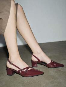 女士酒红色漆皮尖头搭扣粗跟礼服高跟鞋，优雅尖头正式高跟鞋，时尚露跟高跟鞋，情人节礼物 - 酒紅色 - 查看 4
