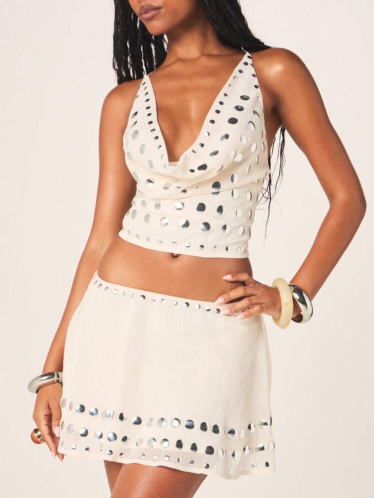 MISSGUIDED Women's White Chiffon Mini Skirt With Hotfix Metal Stud Detail Skater Style Flared Hem Summer Festival Casual