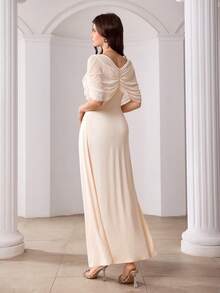 Modelyn French Elegant Mesh Patchwork Cinched Waist Flared Dress - Apricot - View 6